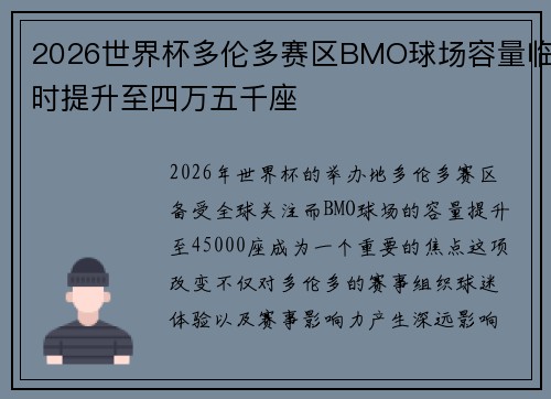 2026世界杯多伦多赛区BMO球场容量临时提升至四万五千座