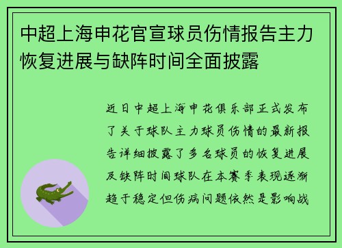 中超上海申花官宣球员伤情报告主力恢复进展与缺阵时间全面披露 中超上海申花官宣球员伤情报告主力恢复进展与缺阵时间全面披露